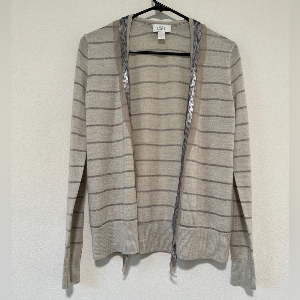 LOFT Wool Mohair Blend Cream and Silver Metallic Striped Sequin Cardigan Small